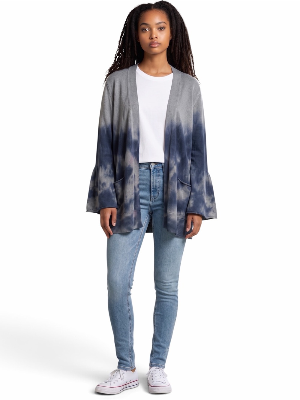 CHASER Tie-Dye Open Front Cardigan - Navy Blue/Gray/Lavendar NWT